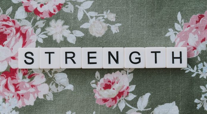 Word, Strength" on a floral fabric background