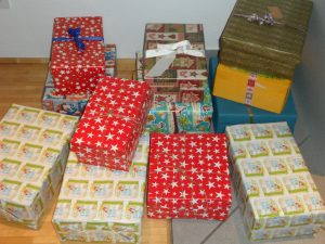 Photo of Christmas wrapped shoe box presents